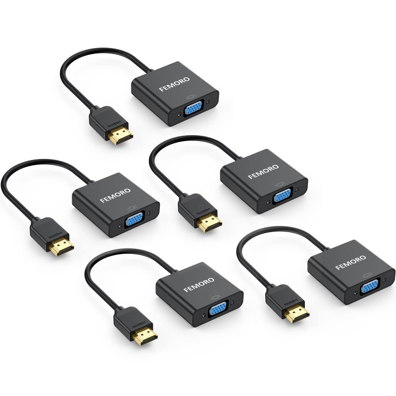 FEMORO HDMI to VGA Adapter Converter 5-Pack (Male to Female) for Computer, Desktop, Laptop, PC, Monitor, Projector, HDTV, Chromebook, Raspberry Pi, Roku, Xbox and More - Black - Image 1